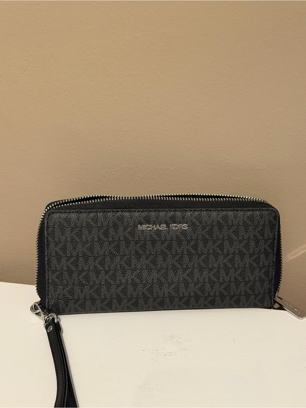 Michael Kors Men's Black Monogram Zip Wallet with Silver Hardware